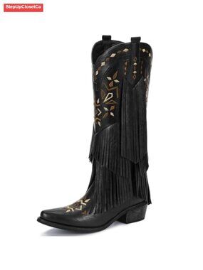 Fringe Knee High Cowgirl Boots Pointed Toe Retro Western